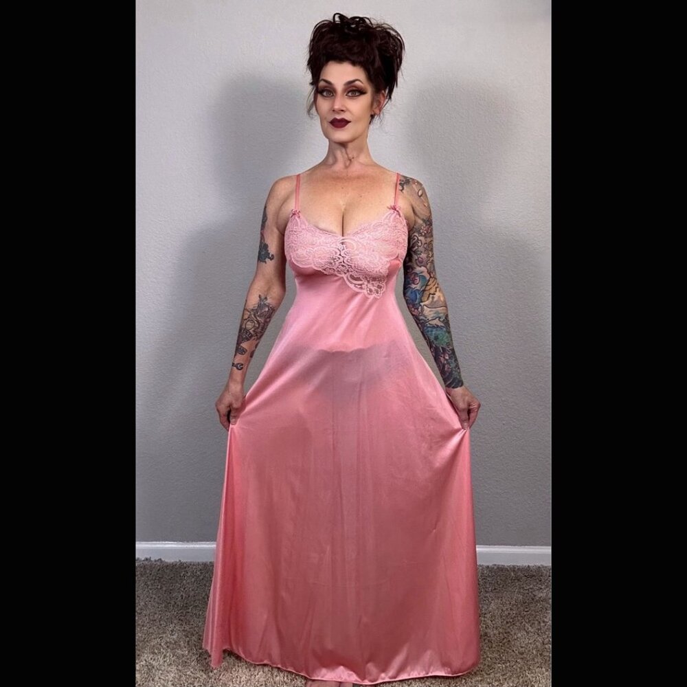 70s Peachy Pink Lily of France Nightgown Lingerie Boudoir Pinup Slip Dress S